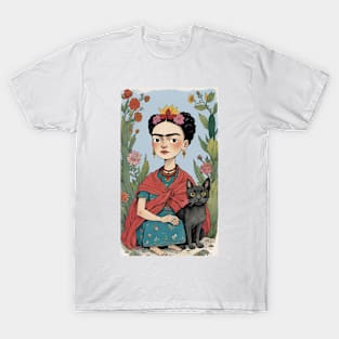 Frida and Her Feline Friend: Cartoon Illustration T-Shirt